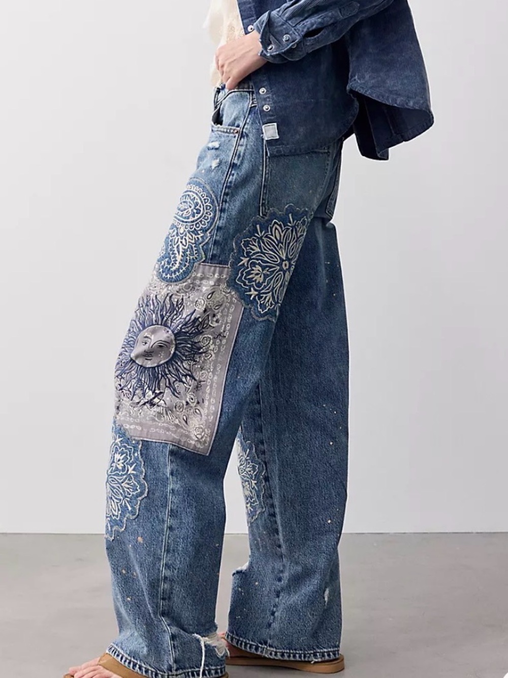 Free People Blue Patchwork Paisley & Sun Wide-Leg Jeans - Picture 2 of 7